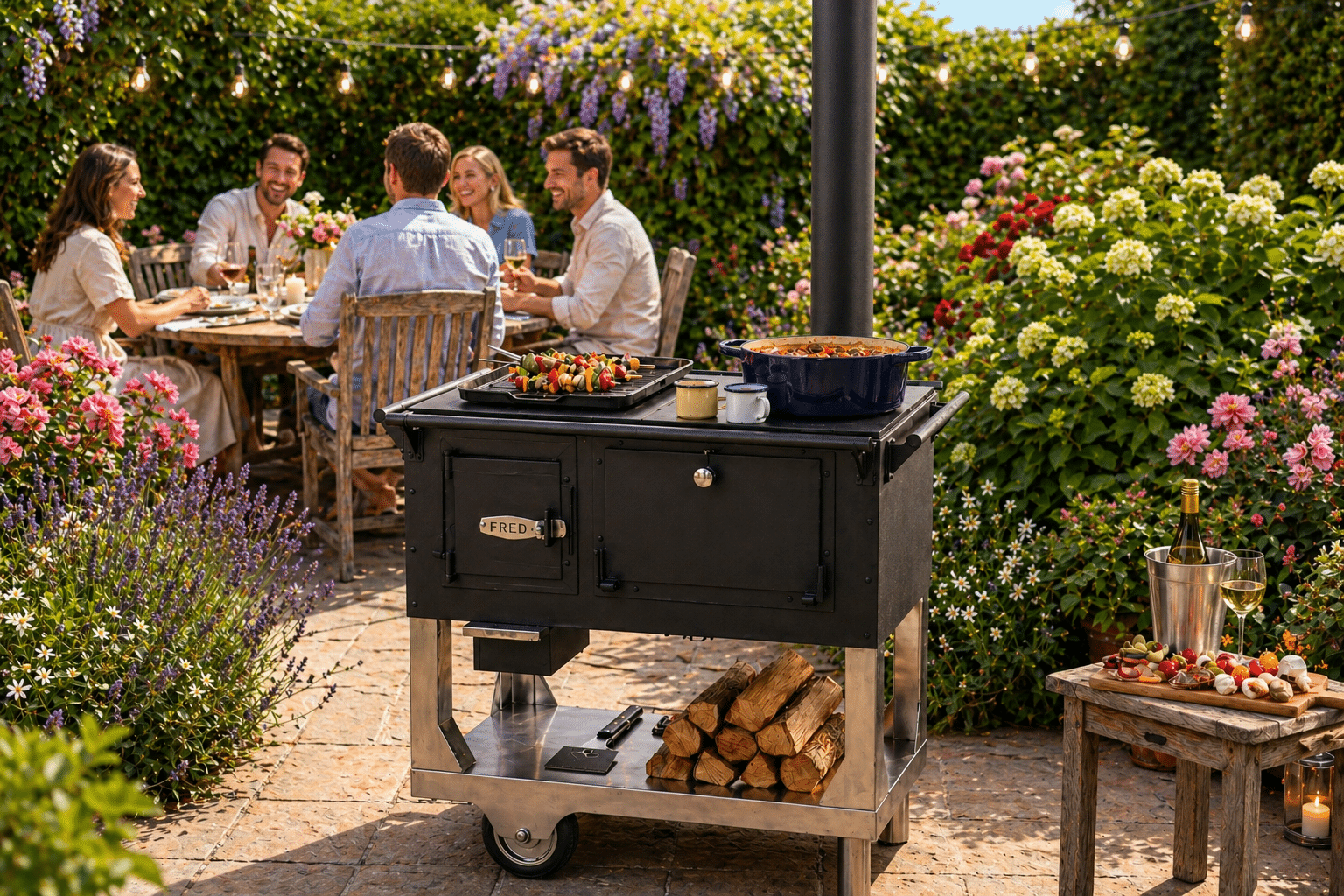 FRED in schwarz mit Partystimmung Sechs Freunde speisen an einem Holztisch in einem sonnigen Garten; im Vordergrund sind ein schwarzer Grill und Holzscheite zu sehen.