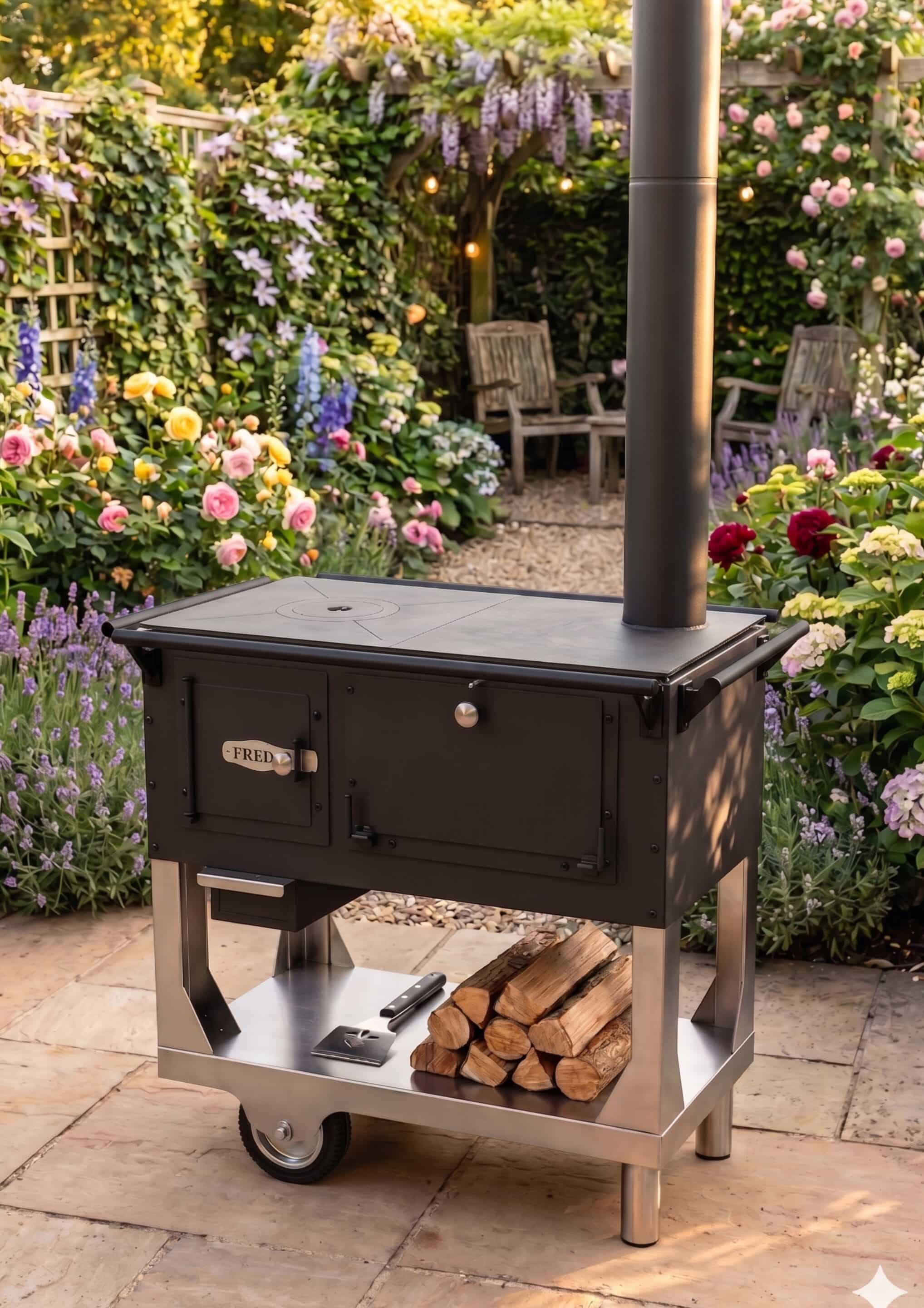 Fred_schwarz Schwarzer Outdoor-Smoker-Grill mit Holzablage, aufgestellt in einem blumenreichen Garten; Holzscheite auf dem unteren Rost und ein kleines Markenschild mit der Aufschrift „FRED“ an der Tür.