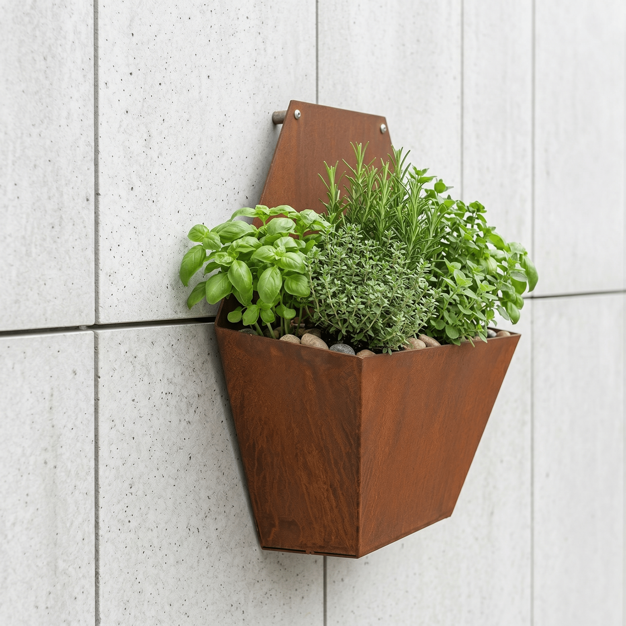 esagono von links Rust-colored metal wall planter filled with green herbs against a grey concrete wall. It includes rosemary and basil among others.